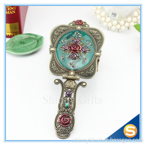 Rose Design Metal Materials Vanity Girl Hollywood Cosmetic Makeup Table Mirror With Handle Wedding Gifts